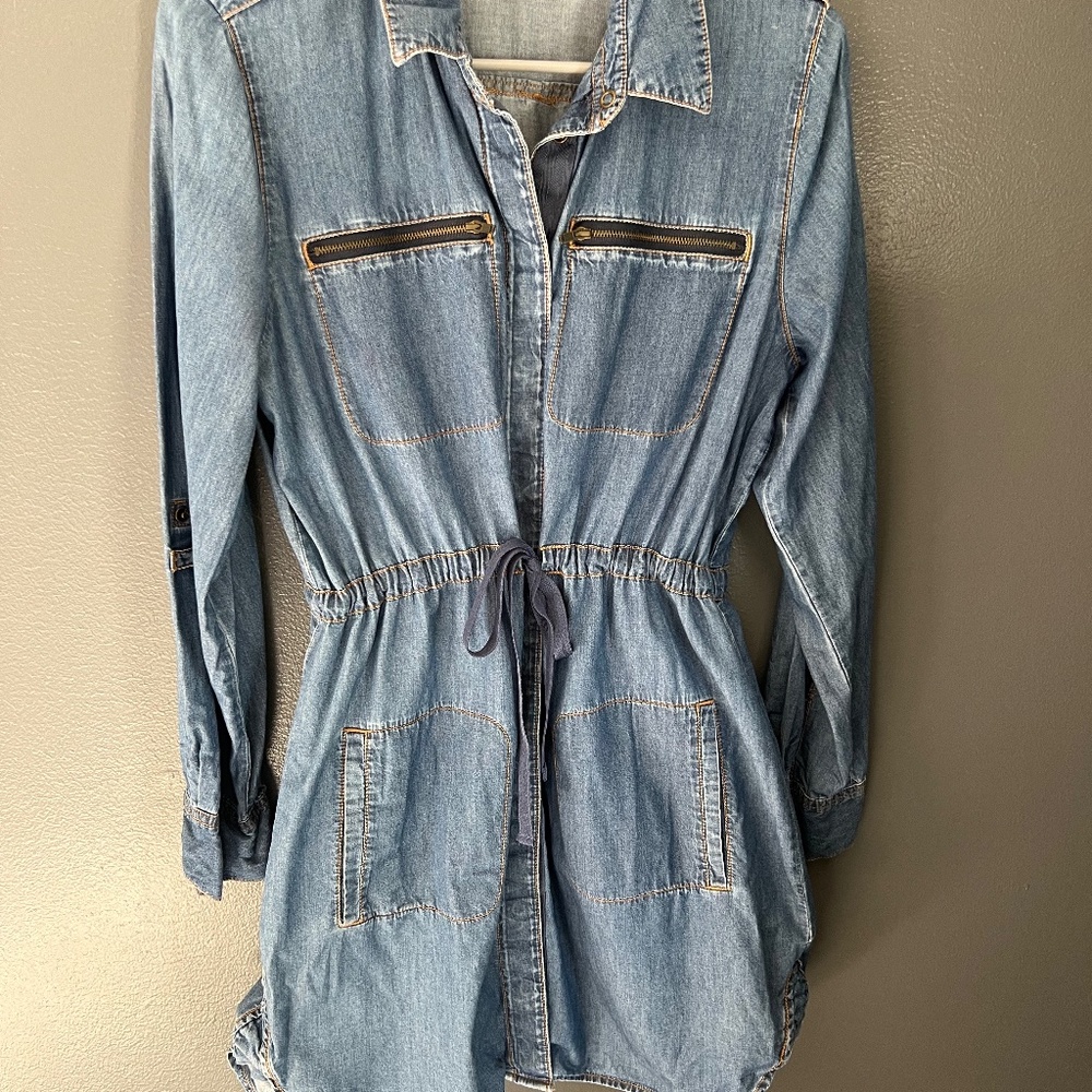 I Heart Ronson Snap Jean Dress with Pockets and Cinched Waist with Drawstring